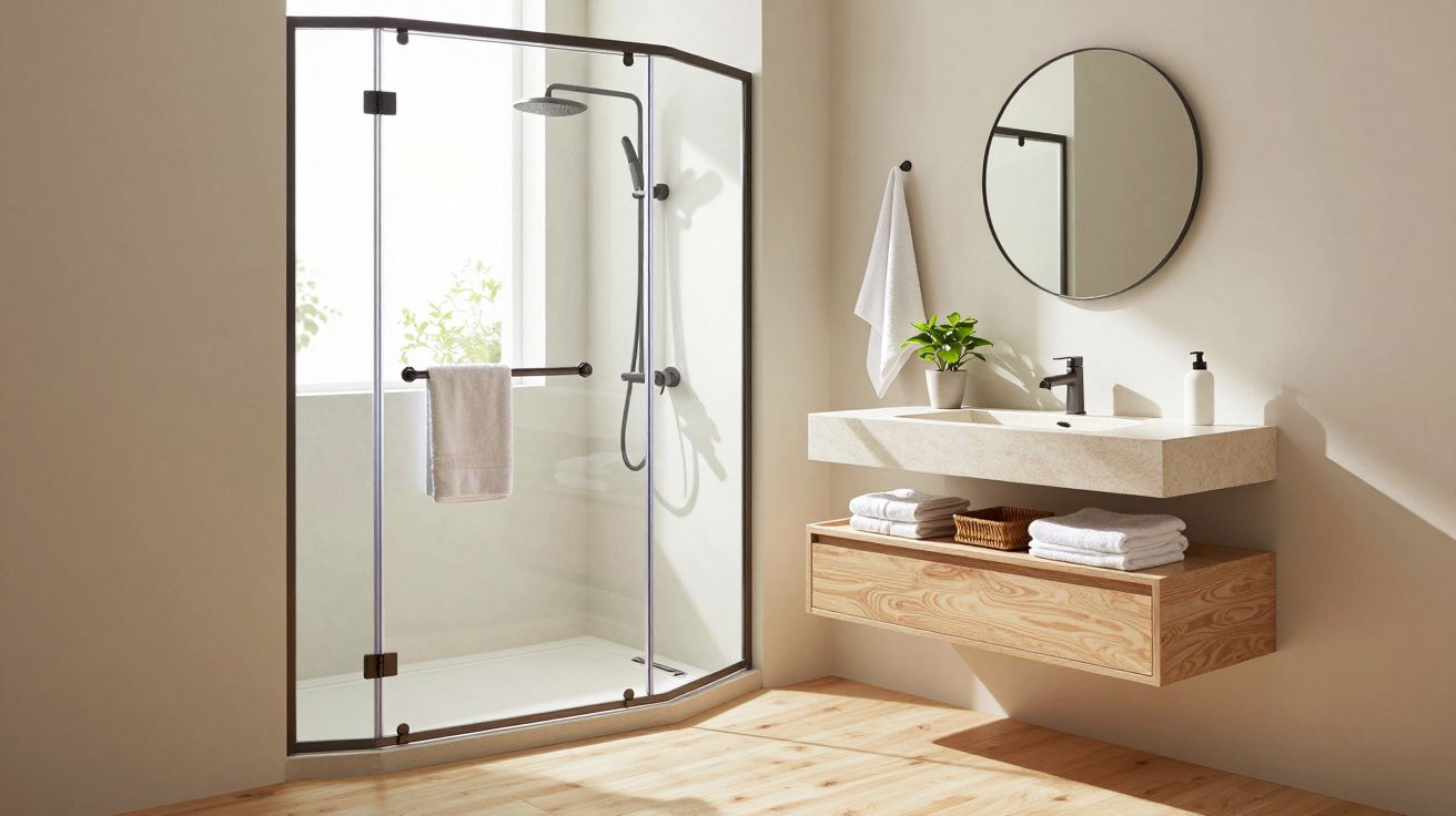 Casa de banho moderna com duche de vidro, lavatório suspenso, espelho redondo e toalhas arrumadas.