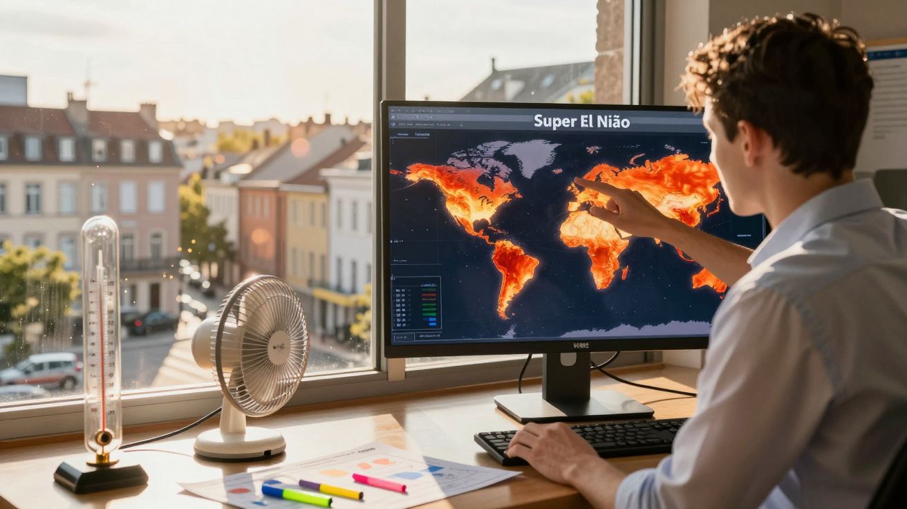 Pessoa aponta para mapa de calor global "Super El Niño" num ecrã de computador numa sala com janela.
