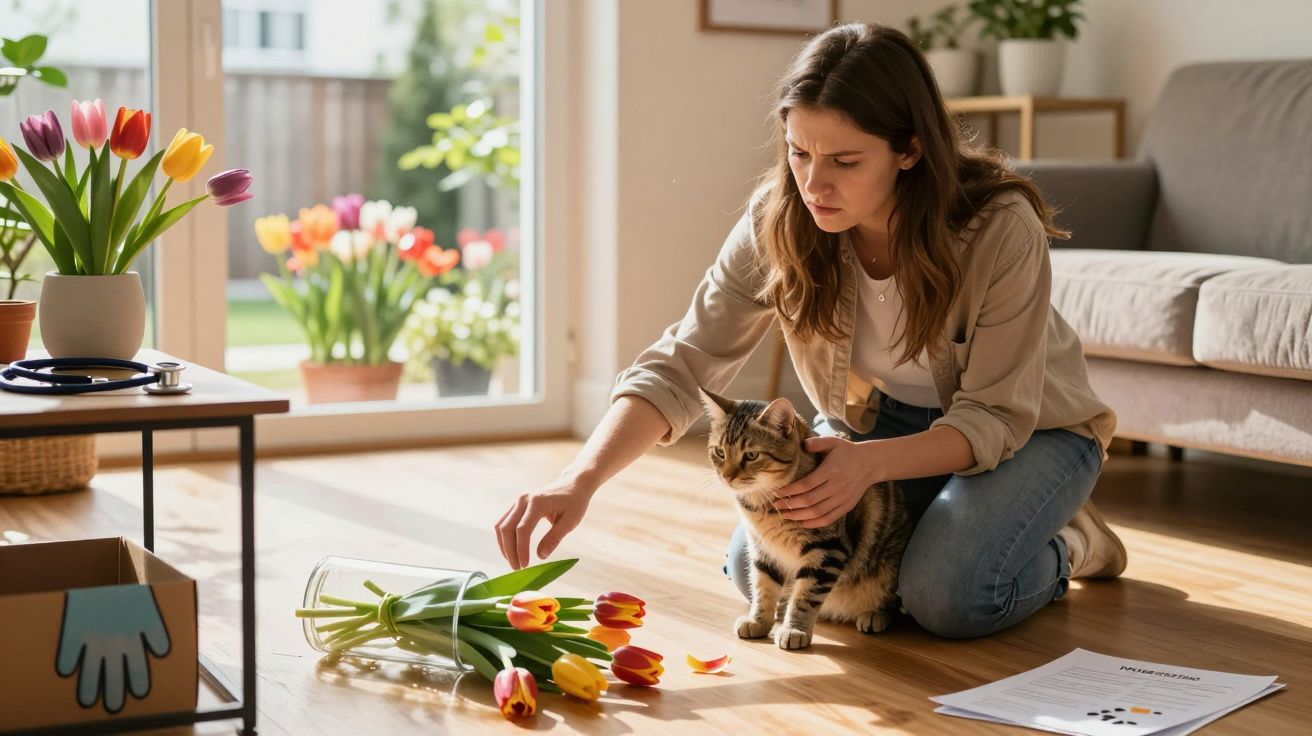 Mulher ajoelhada em casa acaricia gato curioso perto de jarro de tulipas caído no chão iluminado.