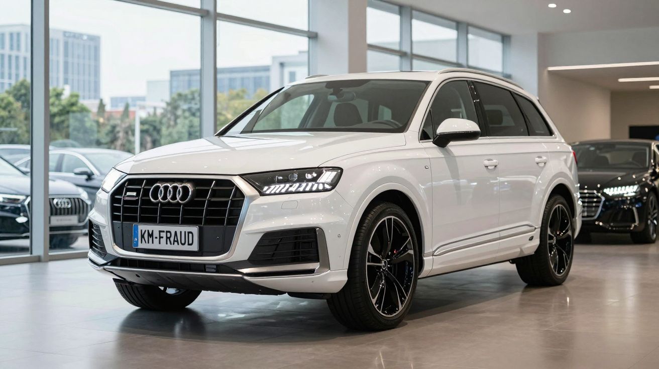 Carro Audi Q7 branco estacionado dentro de concessionária moderna com piso refletor e grandes janelas.