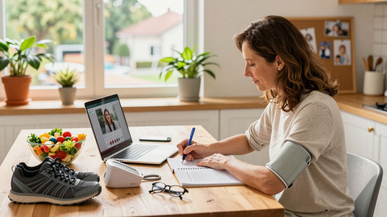 Mulher a medir tensão arterial e a tomar notas durante consulta online numa cozinha iluminada.