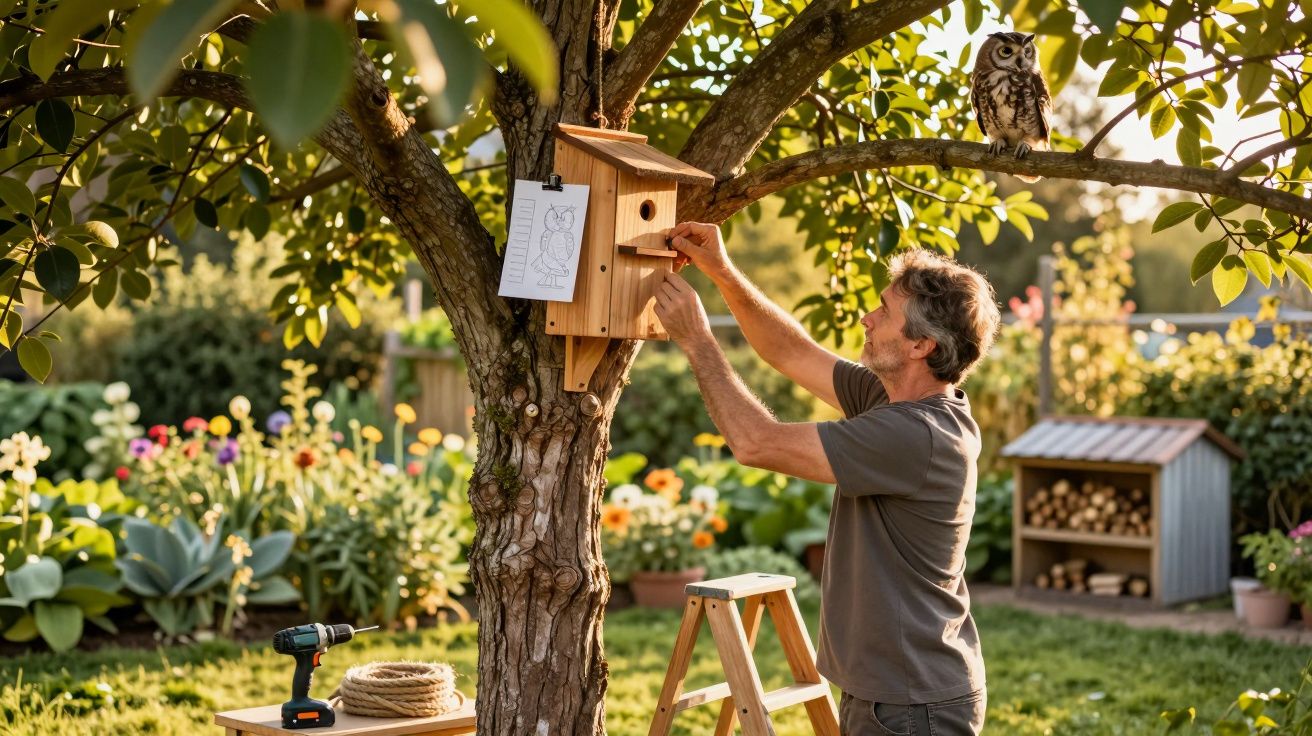 Homem a instalar casa para corujas numa árvore num jardim com flores e ferramentas ao redor.
