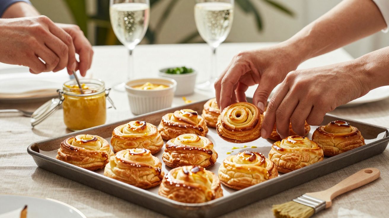 Dupla de mãos a pegar folhados doces numa tabuleiro com copos de bebida ao fundo numa mesa.