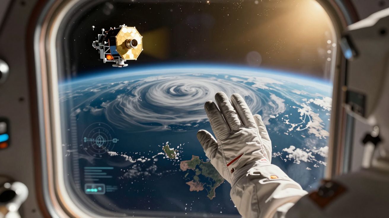 Vista do espaço de um astronauta acenando para um satélite com a Terra e uma tempestade em formação ao fundo.