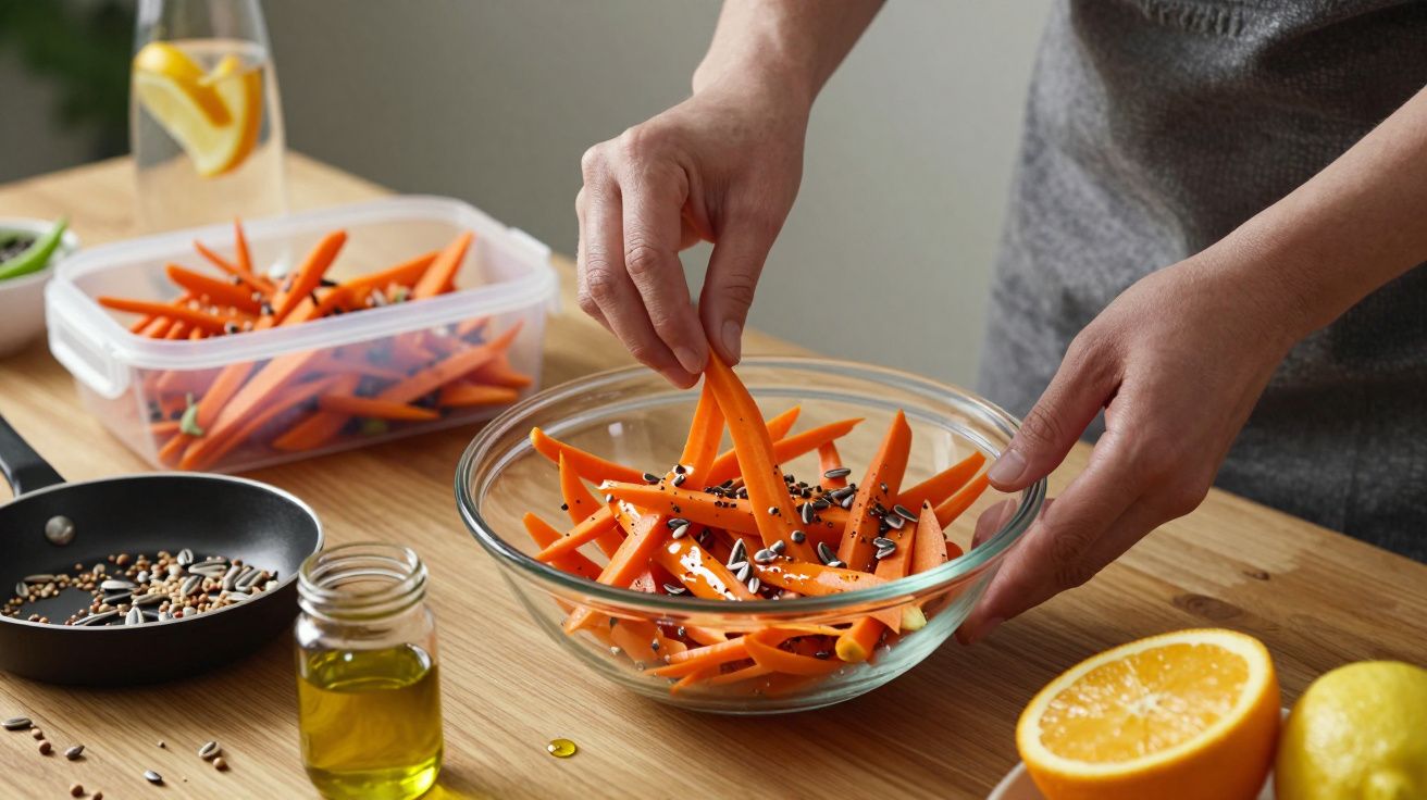 Mãos a temperar palitos de cenoura com sementes numa taça de vidro numa cozinha com limão e azeite.