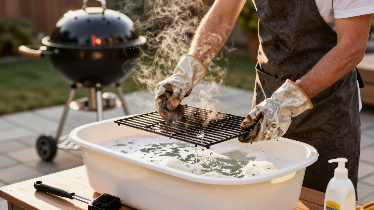 Pessoa a limpar uma grelha quente de churrasqueira com luvas resistentes e uma bacia com água.