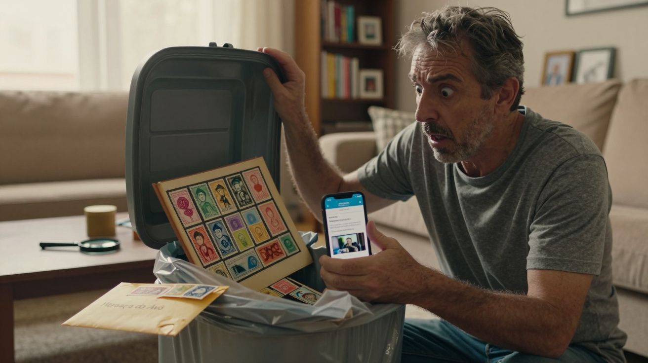 Homem surpreendido a descartar coleção de selos no lixo enquanto segura telemóvel na sala de estar.