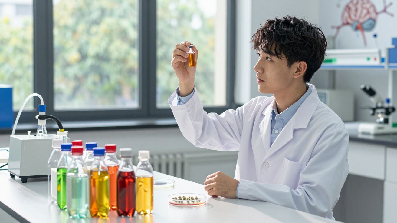 Cientista em laboratório a analisar amostra líquida laranja em frasco, com vários frascos de cores diferentes na mesa.