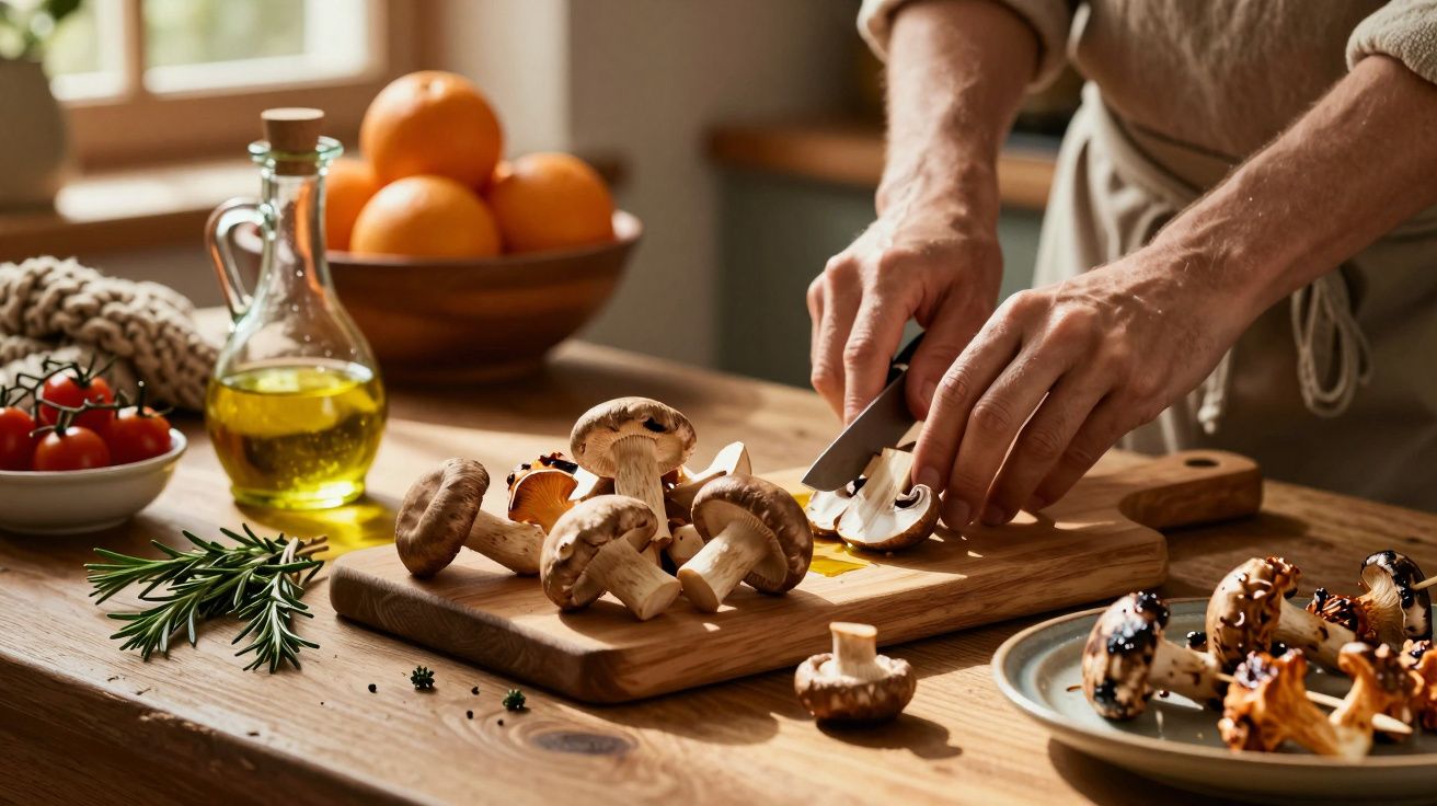 Pessoa a cortar cogumelos frescos numa tábua de madeira numa cozinha iluminada pela luz natural.