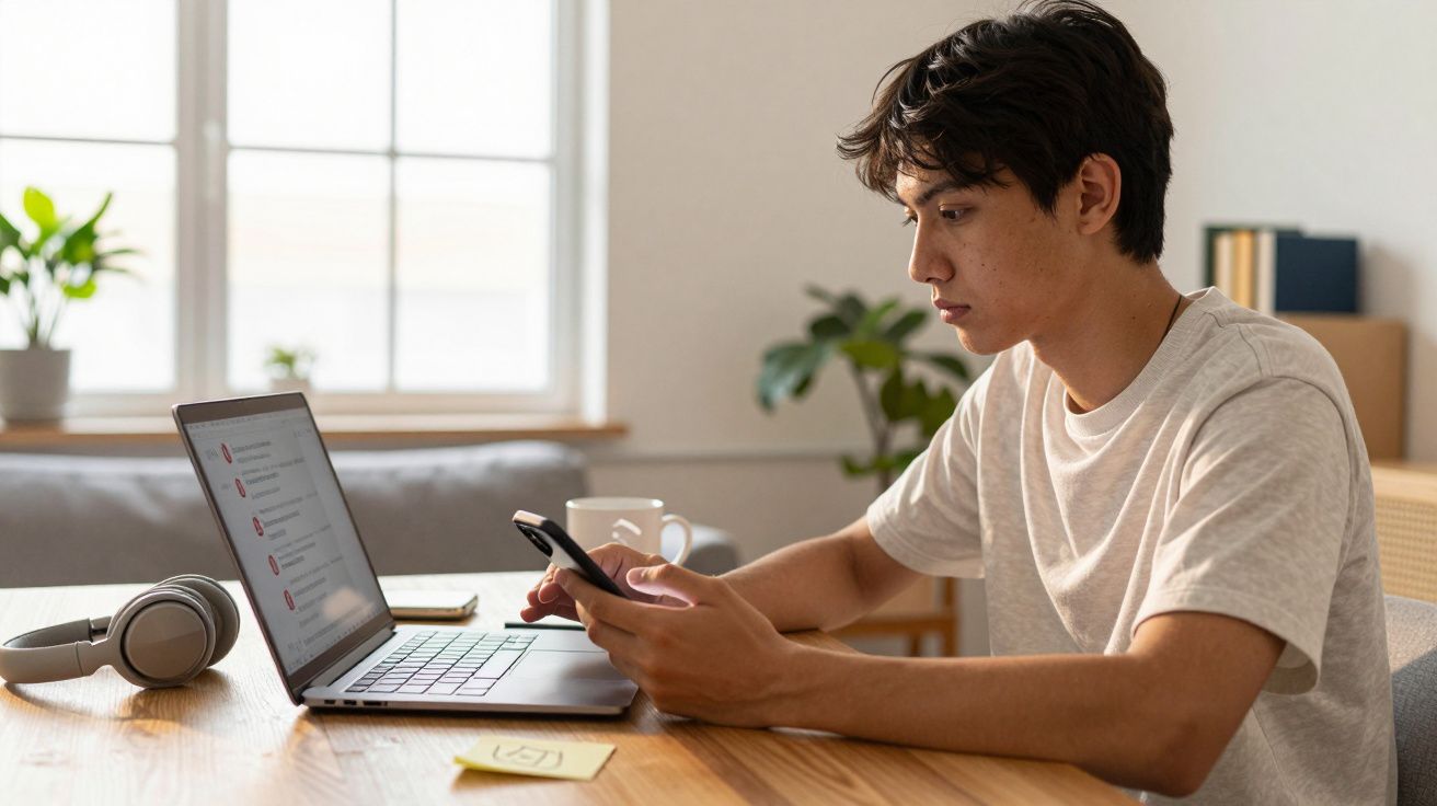 Jovem sentado a usar telemóvel e computador portátil numa mesa de madeira, com auscultadores ao lado.