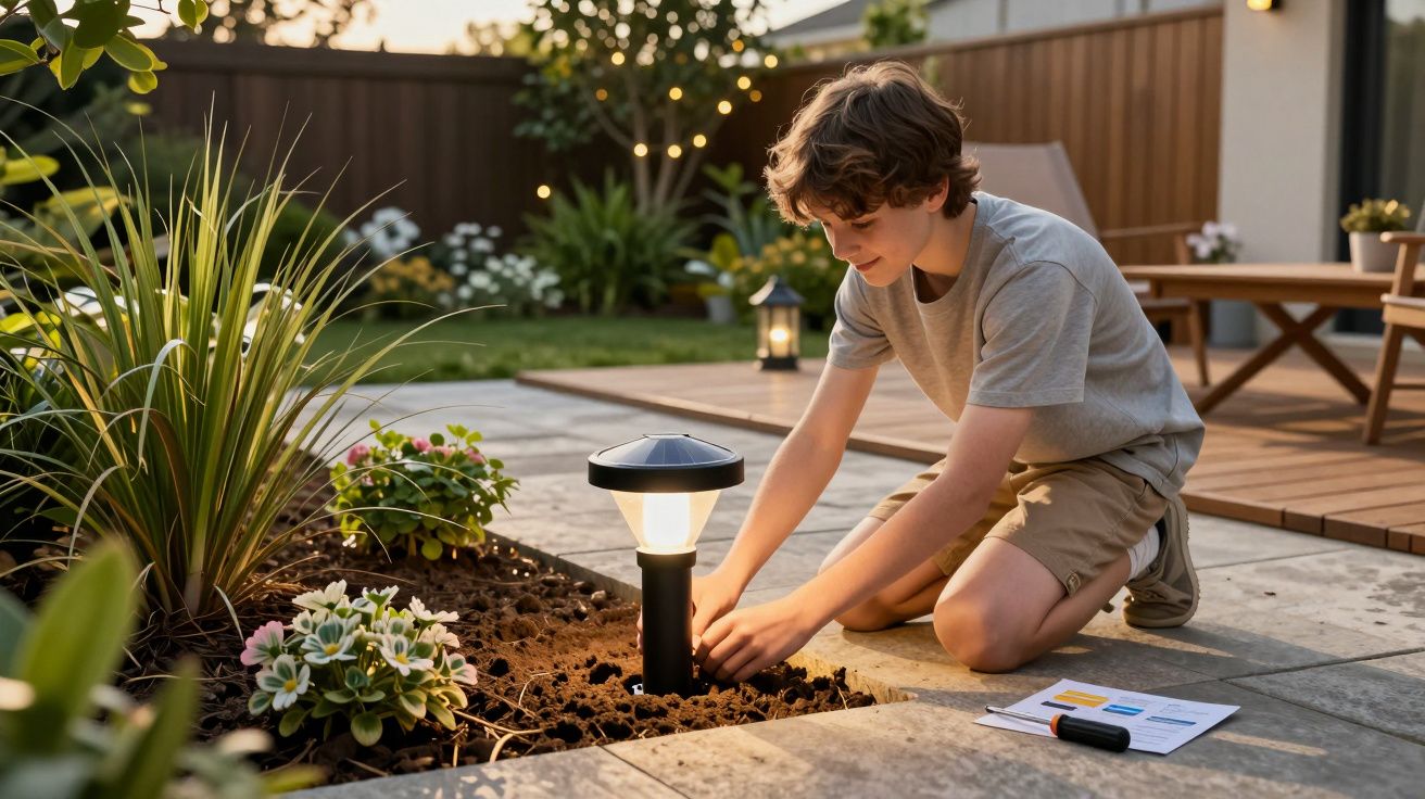 Rapaz a montar luz solar num jardim ao entardecer, rodeado de plantas e móveis de madeira.