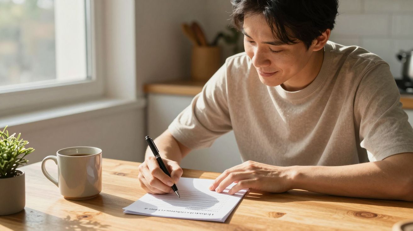 Pessoa jovem a escrever num caderno numa mesa de madeira junto a uma janela iluminada.