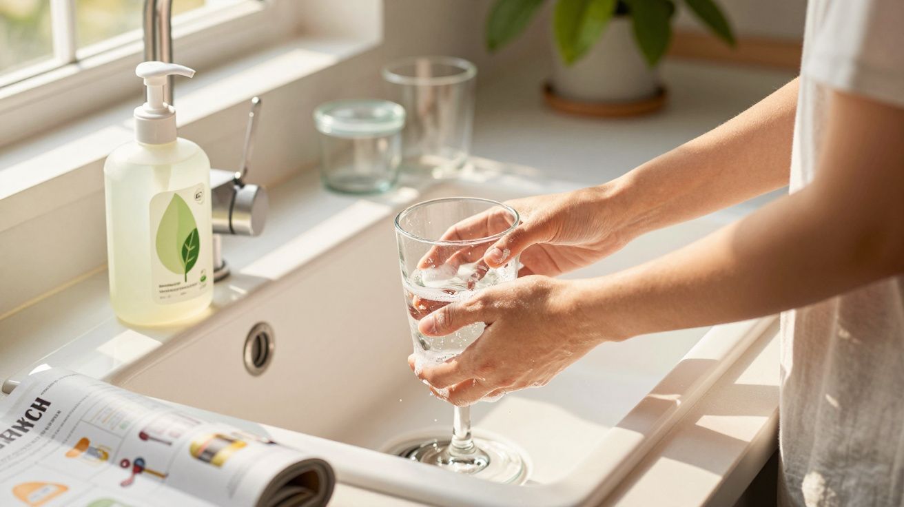 Pessoa a encher um copo de água numa torneira de cozinha com luz natural.