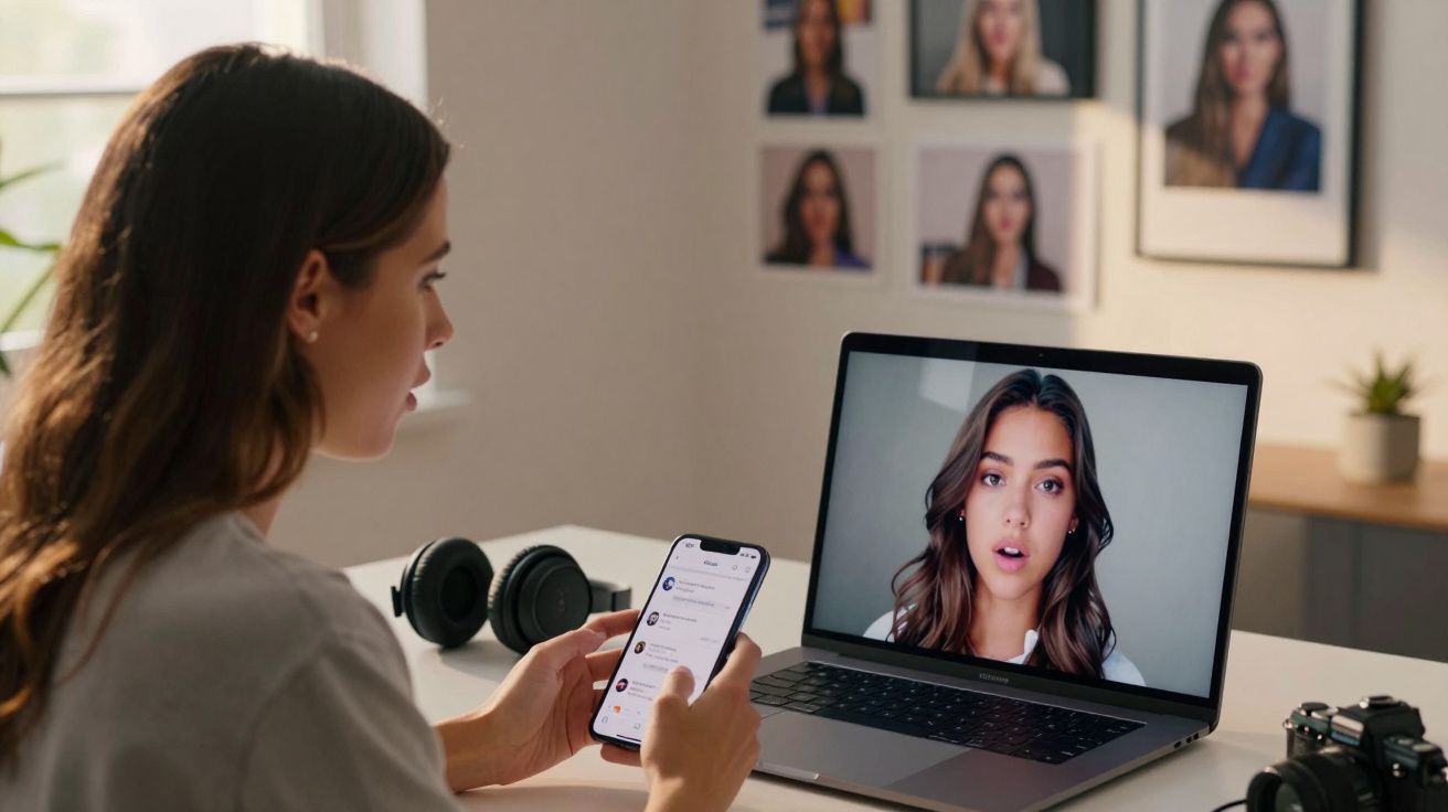 Mulher jovem a usar telemóvel sentada à mesa com computador a mostrar vídeo de mulher a falar.