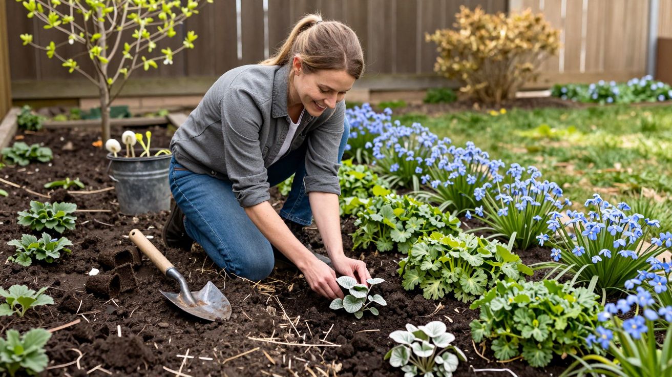 Mulher a plantar flores num jardim, rodeada de plantas verdes e flores azuis, num dia soalheiro.