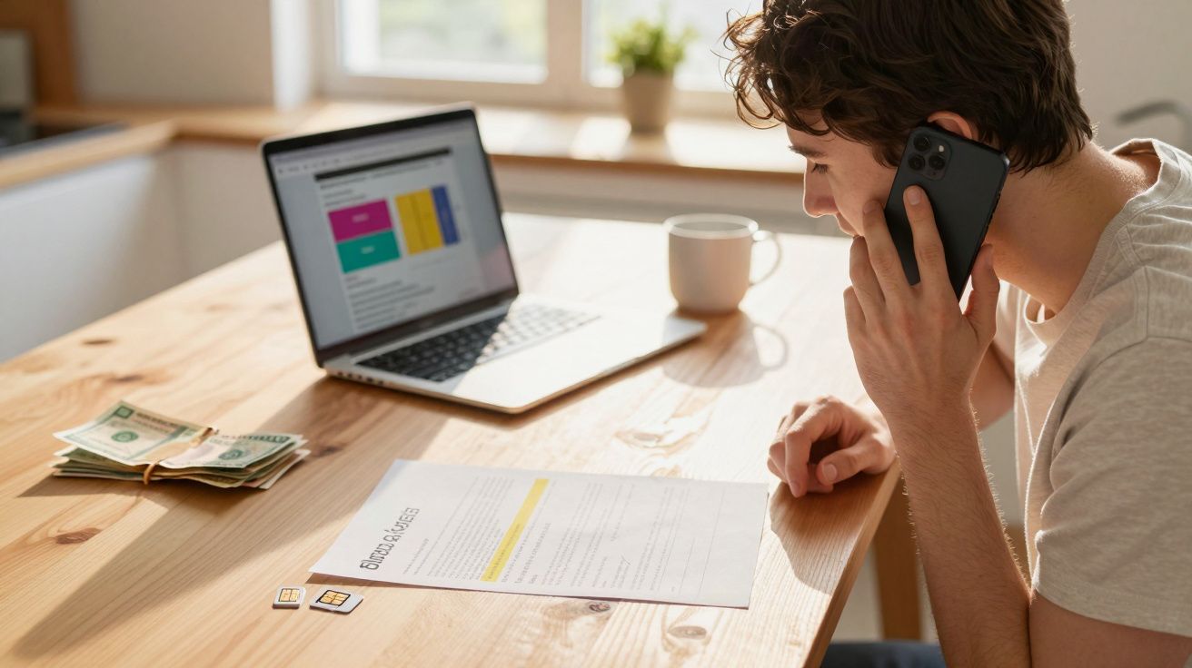 Jovem ao telefone a analisar documentos e computador portátil numa mesa com dinheiro e cartões SIM.
