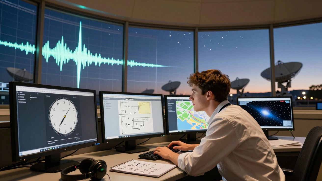 Jovem a analisar dados em quatro ecrãs num centro de controlo com antenas parabólicas ao fundo ao anoitecer.