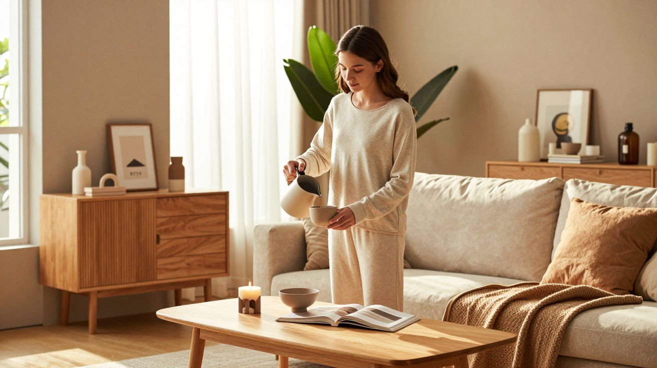 Mulher em roupa confortável a servir chá numa sala de estar luminosa com sofá e mesa de madeira.