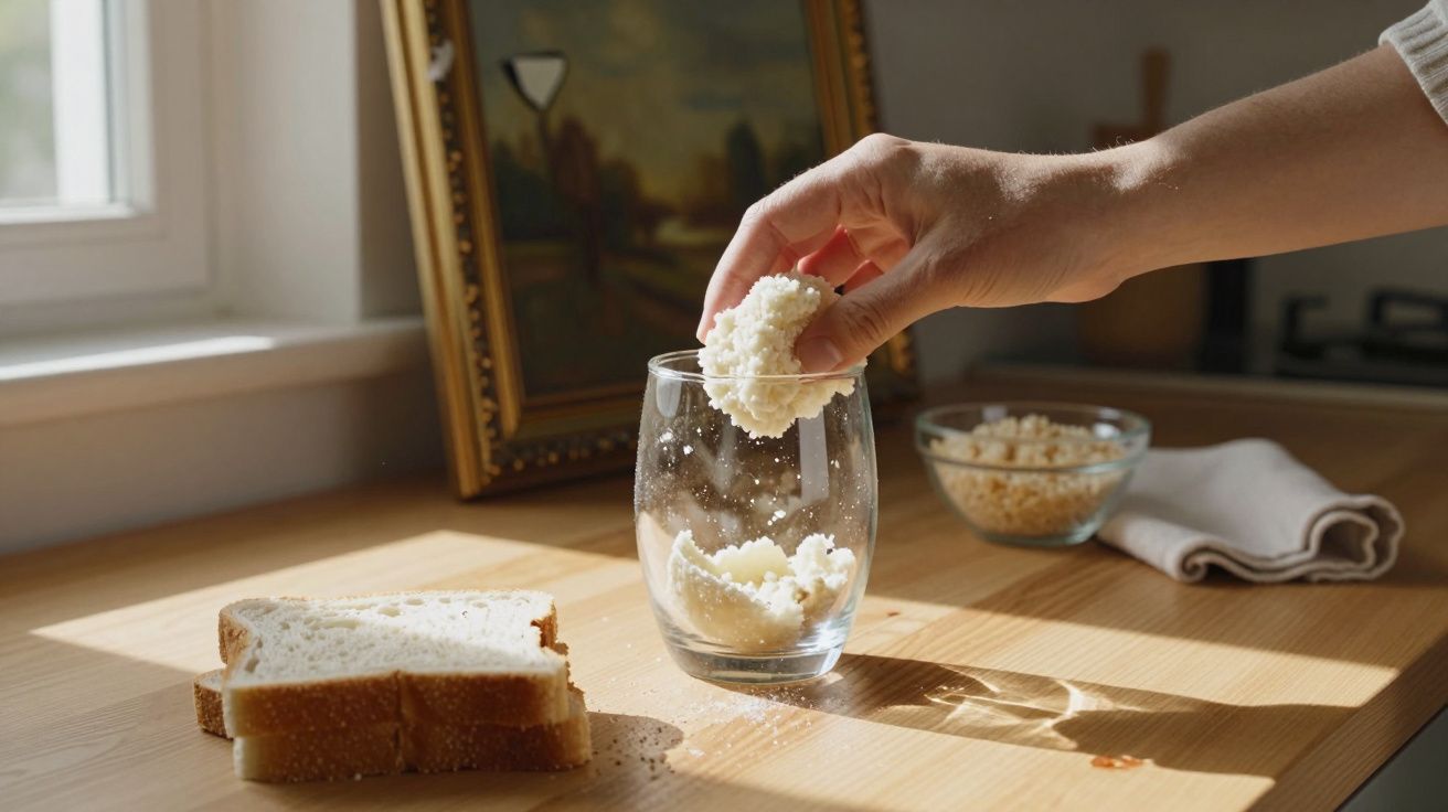 Mão a colocar arroz num copo em cima de mesa de madeira com fatias de pão ao lado em ambiente iluminado.