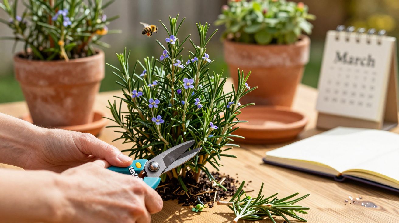 Pessoa a podar ramo de alecrim com flores roxas, com abelha a voar, vaso de barro e calendário em fundo.