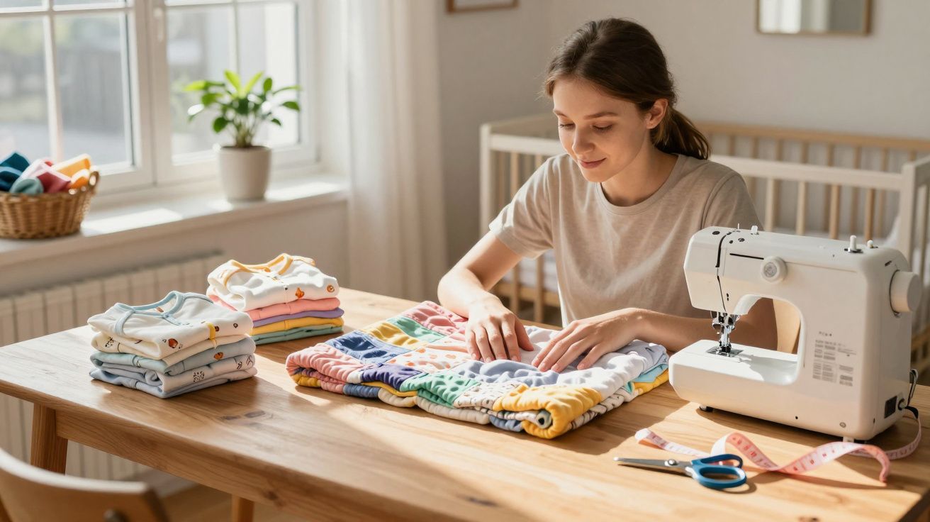 Jovem mulher a arrumar roupas coloridas à mesa com máquina de costura e ferramentas de costura.