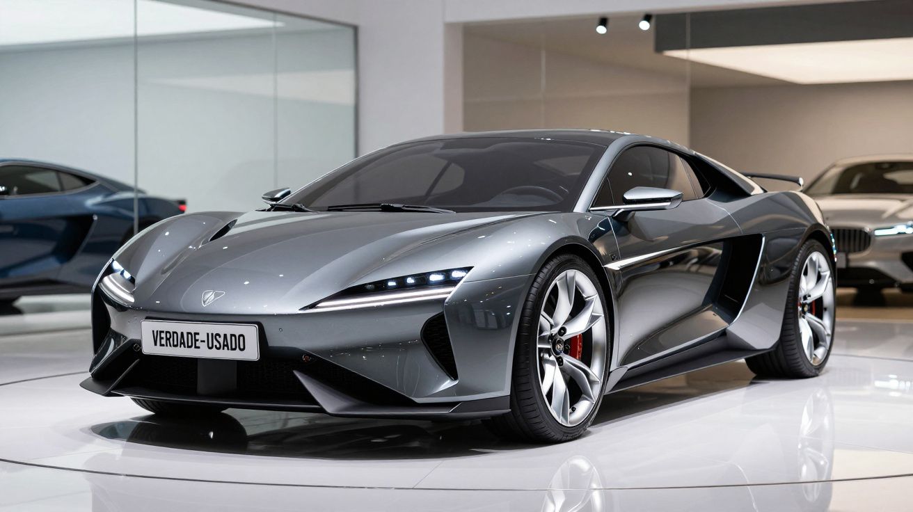 Carro desportivo cinzento metálico com design aerodinâmico em sala de exposição moderna.