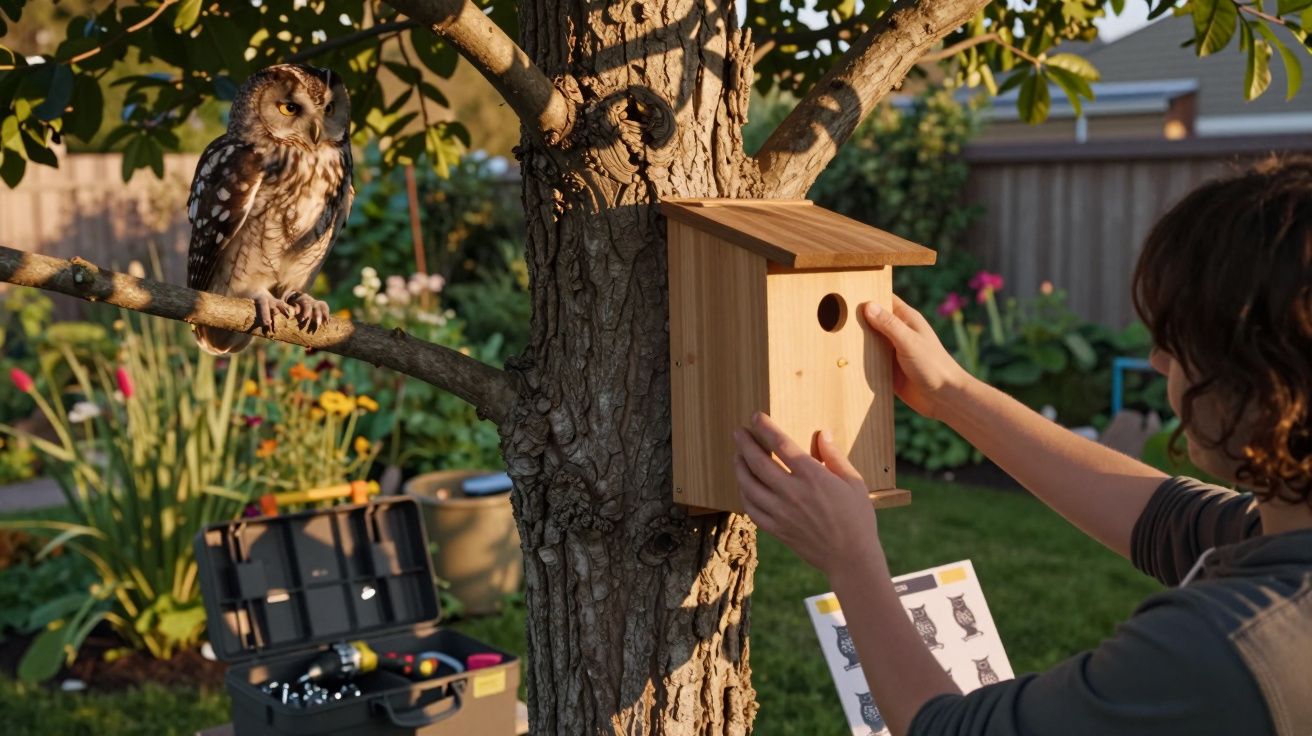 Pessoa a instalar uma caixa-ninho de madeira numa árvore com uma coruja numa árvore próxima no jardim.