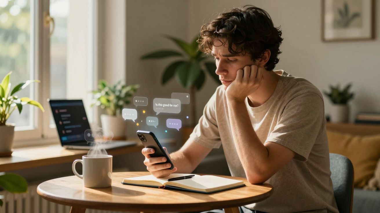 Jovem sentado a ler mensagens no telemóvel, com caderno aberto e chá quente numa mesa de madeira.