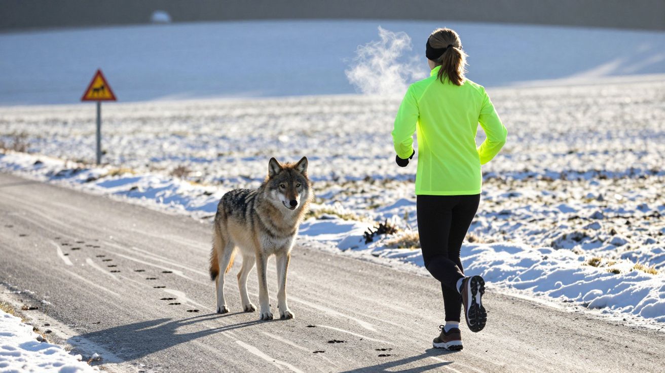 Pessoa a correr em estrada com neve encontra um lobo selvagem que está parado no caminho.