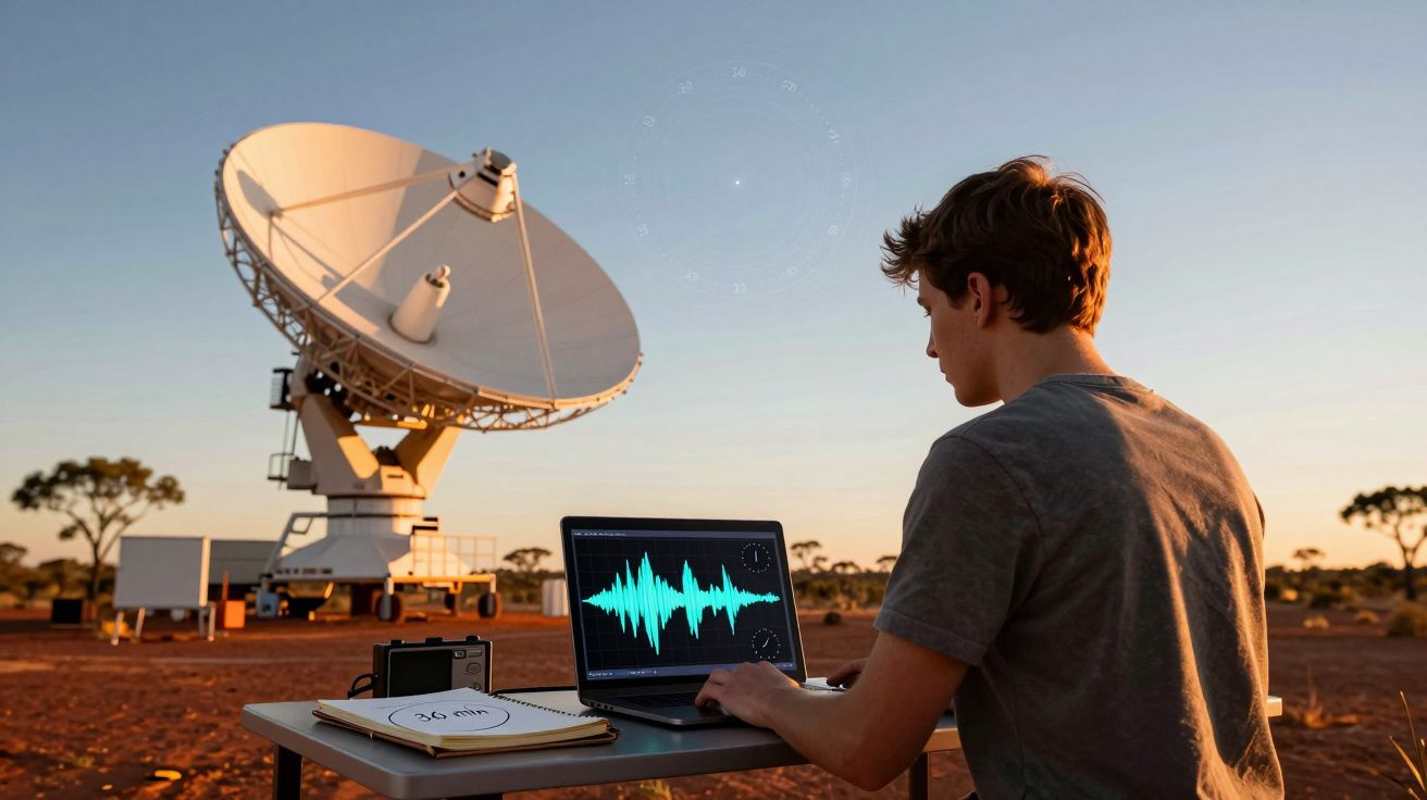 Jovem analisa dados num computador junto a uma antena parabólica grande ao pôr do sol no campo.