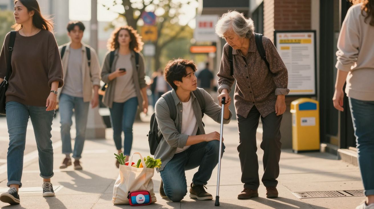 Jovem ajoelhado ajuda idosa com bengala numa rua movimentada, enquanto outras pessoas passam.
