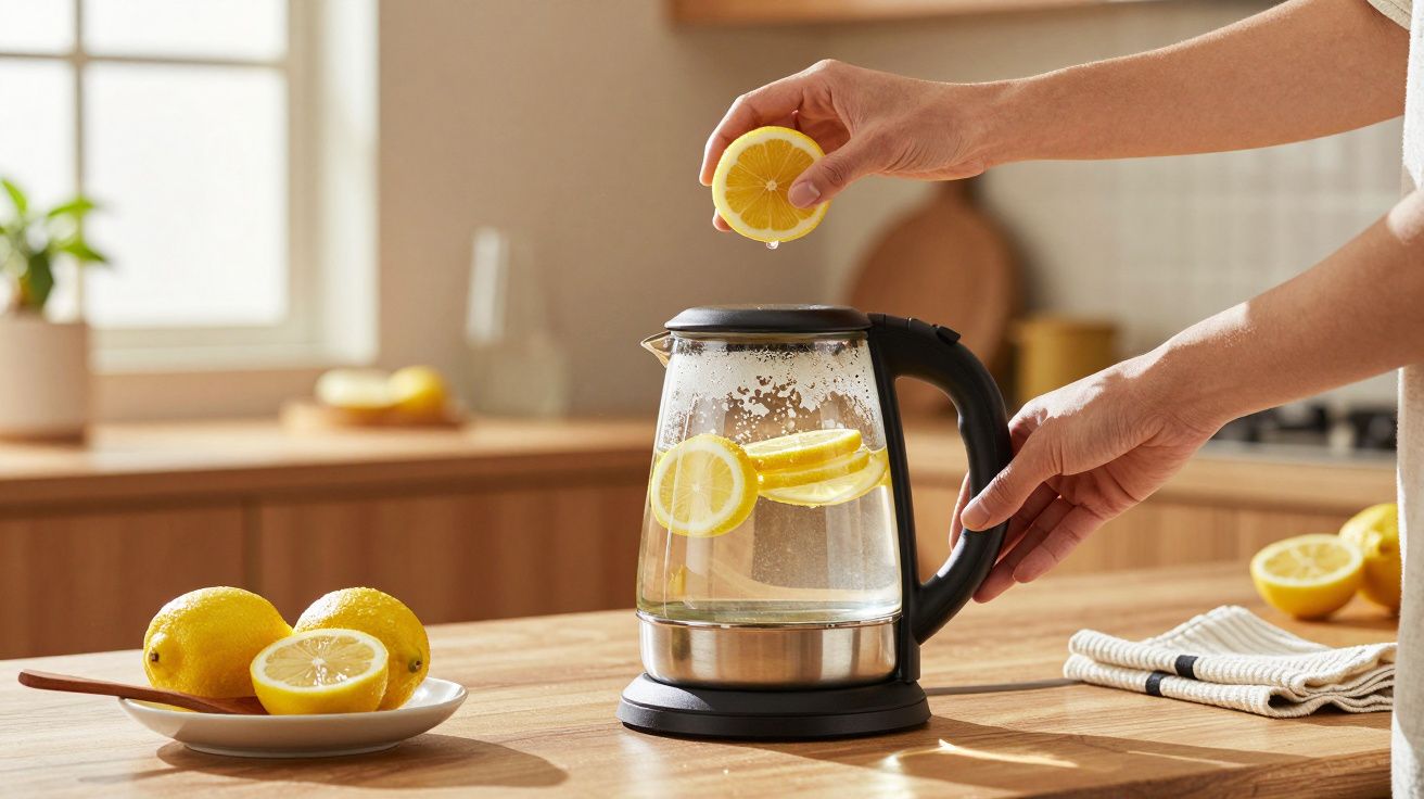 Mãos a colocar fatias de limão numa jarra de vidro com água numa cozinha luminosa.