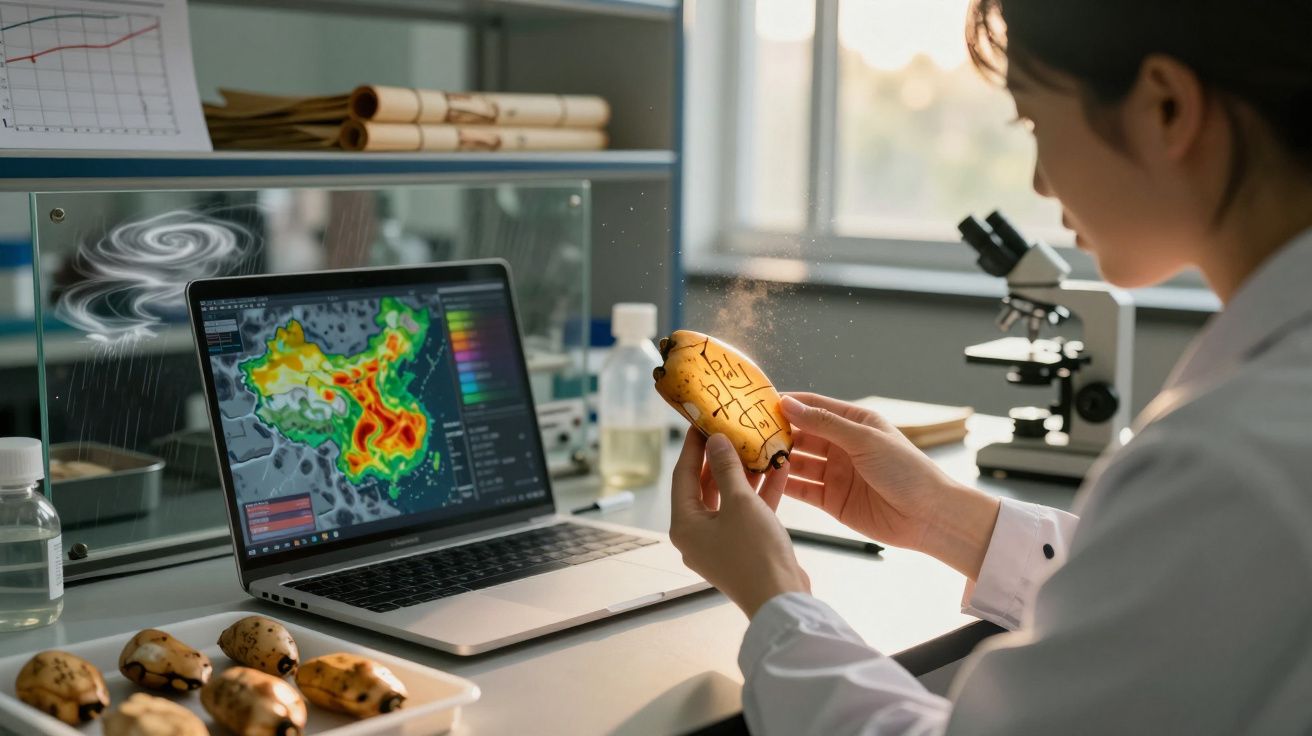 Cientista analisa batata irradiada com símbolos num laboratório com computador e microscópio.