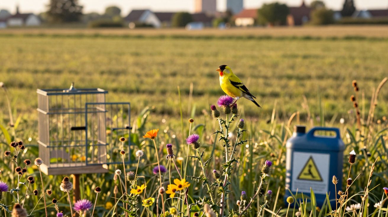 Pássaro amarelo pousado em planta florida num campo aberto com gaiola e recipiente azul ao fundo.