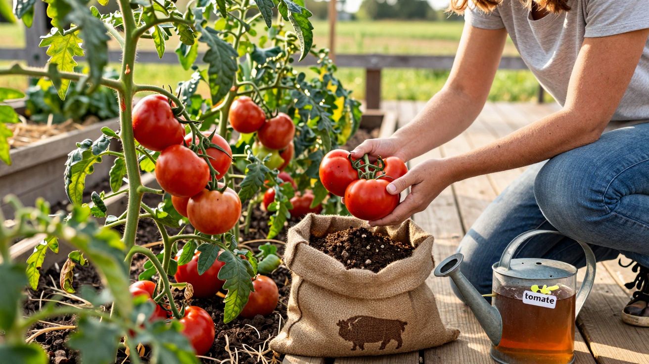 Pessoa a colher tomates maduros numa horta com regador e saco de terra ao lado, ao ar livre.
