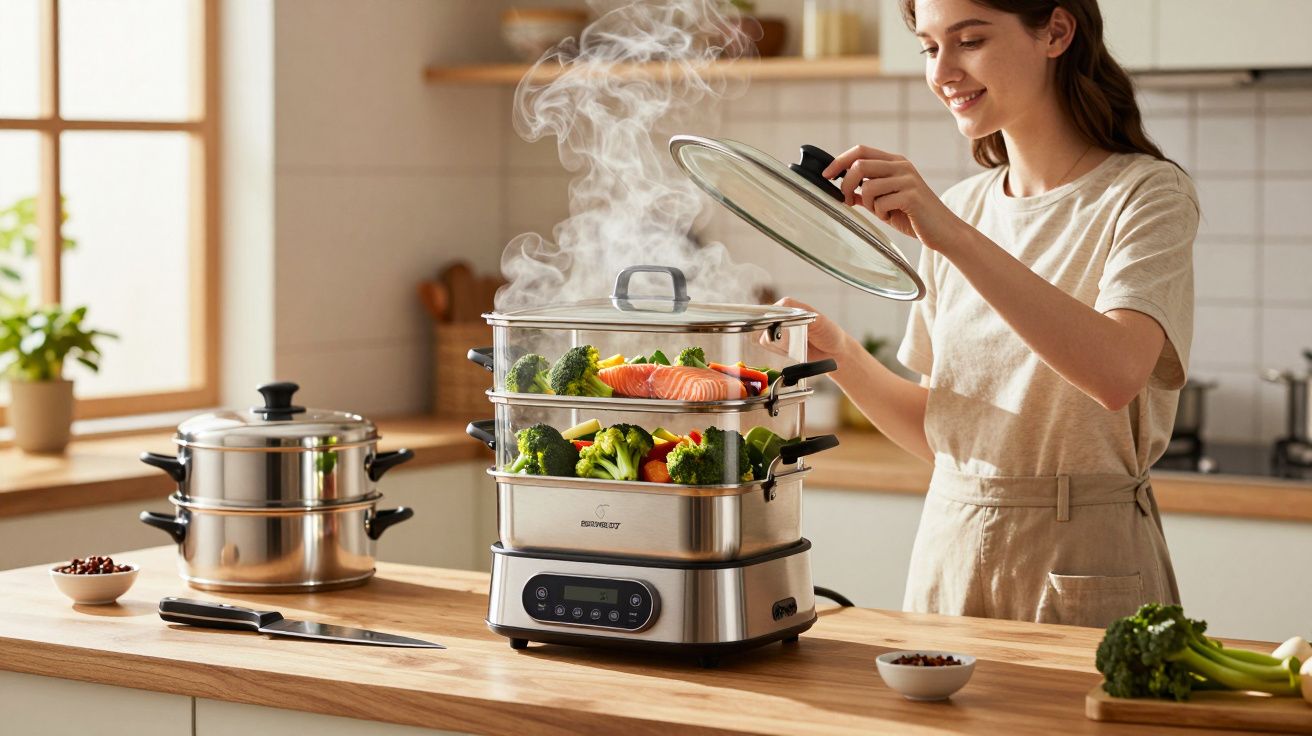 Mulher abre tampa de vaporizador elétrico com legumes e salmão a cozinhar na cozinha moderna.