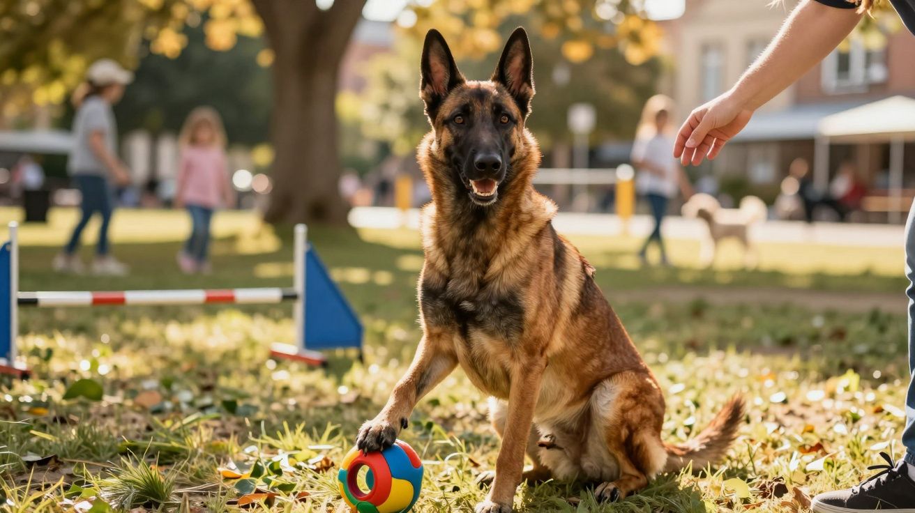 Cão pastor alemão sentado na relva com pata numa bola colorida, junto a uma pessoa no parque.