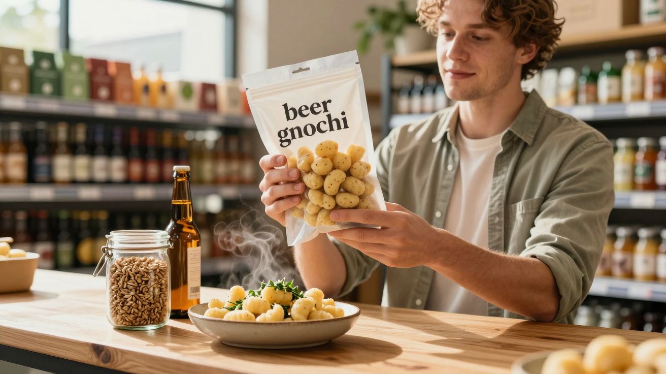 Homem a segurar embalagem de snack "beer gnocchi" num supermercado, com prato de gnocchi à sua frente.