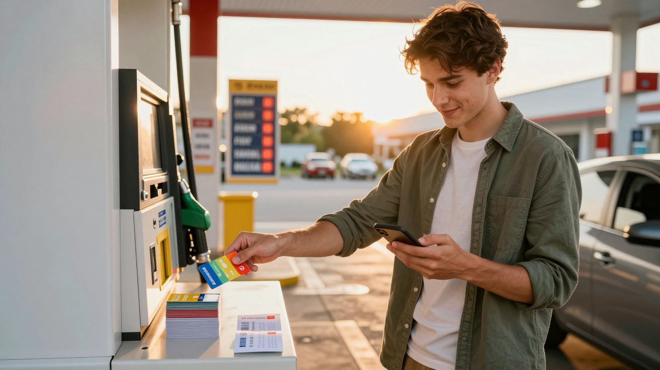 Homem a usar cartão multibanco e telemóvel numa bomba de gasolina ao pôr do sol.