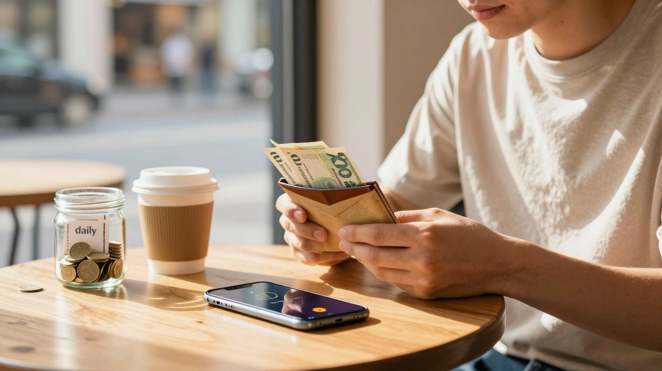 Pessoa a contar dinheiro em carteira, com telemóvel, café e mealheiro numa mesa de apoio.
