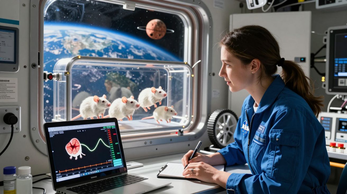 Astronauta observando ratos brancos num habitat na estação espacial com a Terra ao fundo pela janela.