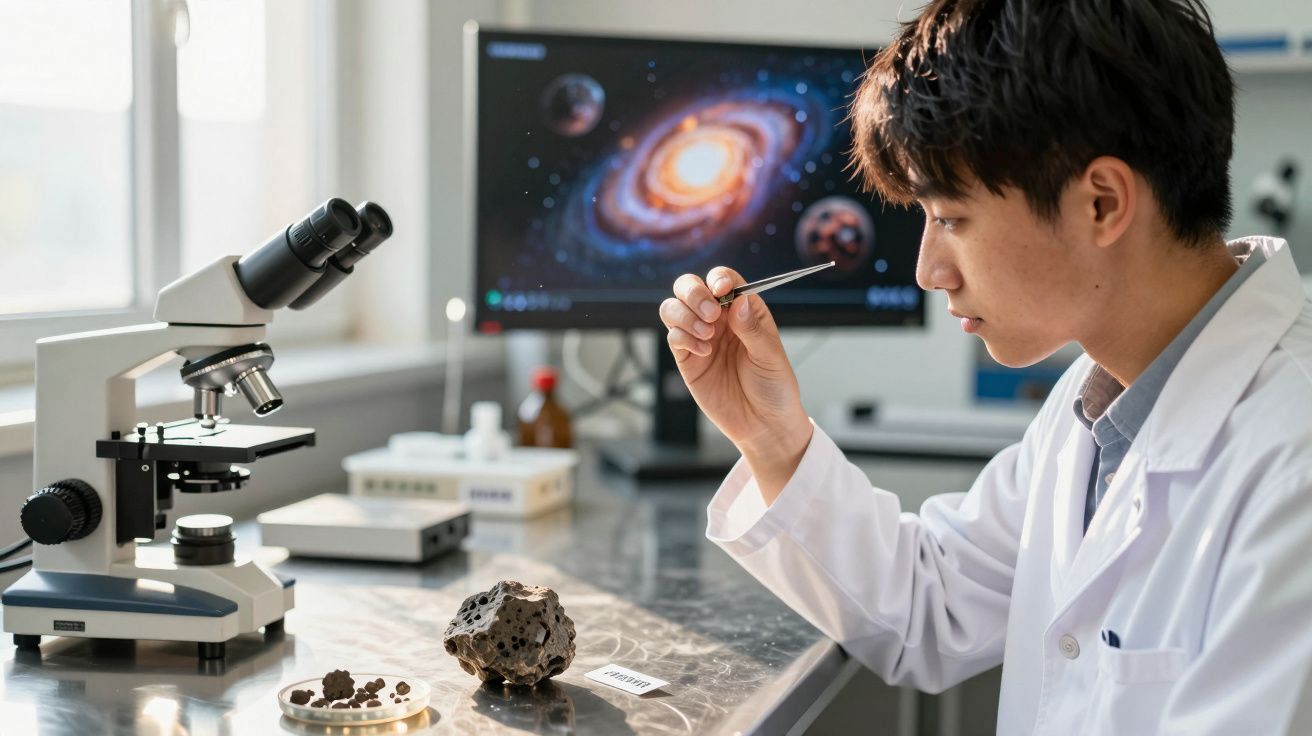Cientista analisando amostra de meteorito em laboratório com microscópio e ecrã de galáxias ao fundo.