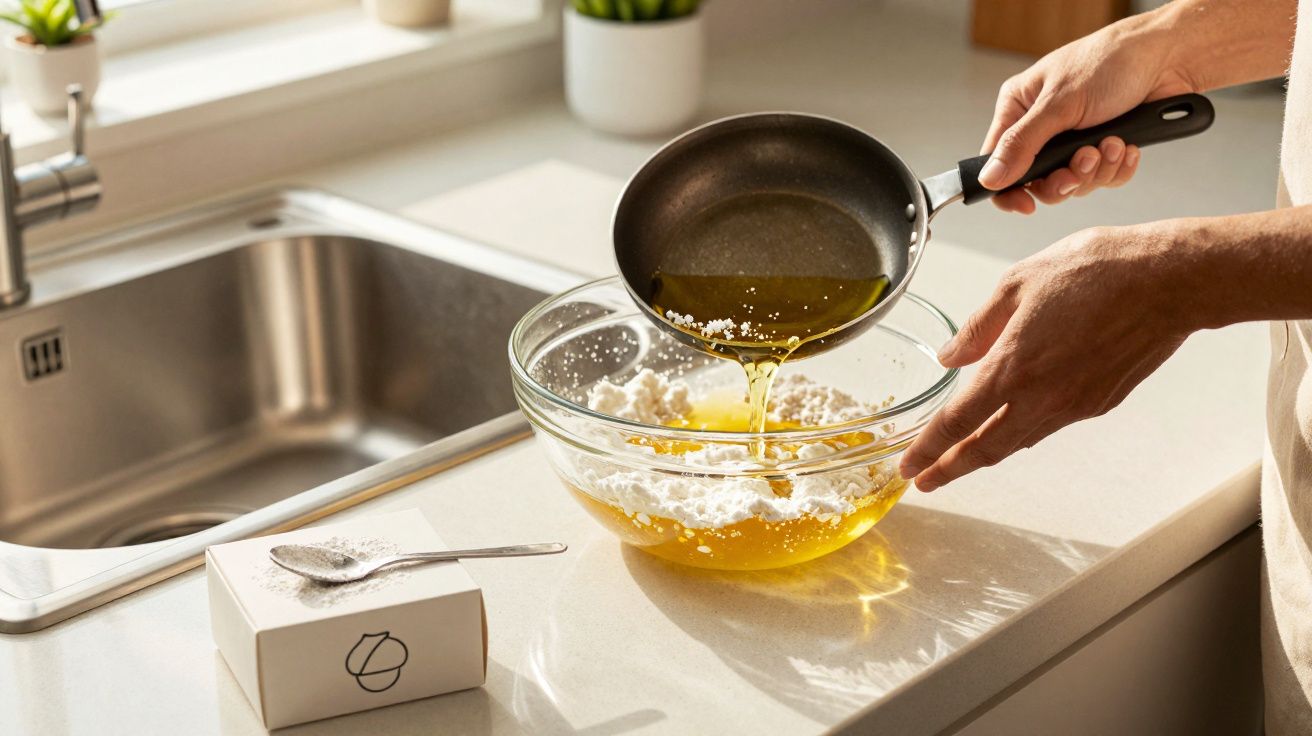 Pessoa a verter óleo de uma frigideira para uma tigela de vidro com ingredientes para cozinhar numa bancada de cozinha.