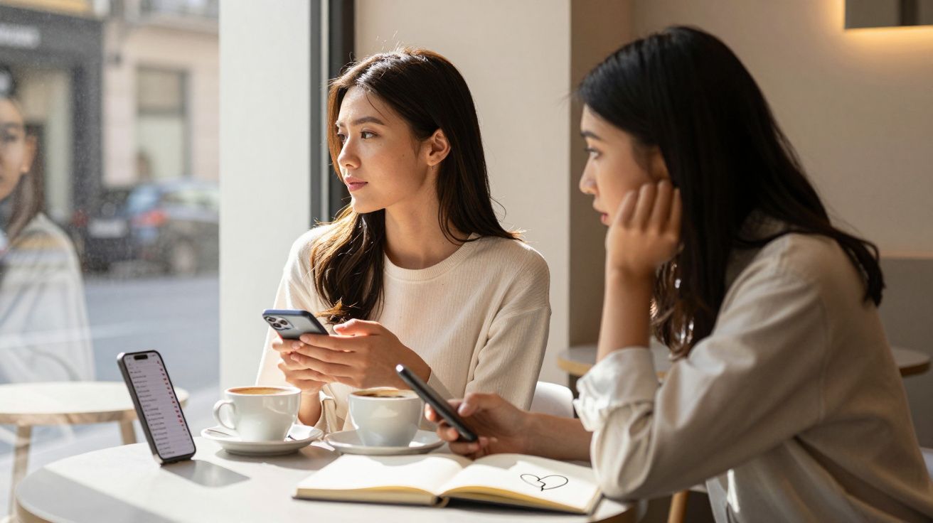 Duas mulheres jovens sentadas numa mesa de café, com telemóveis e chávenas de café, uma olha pela janela.