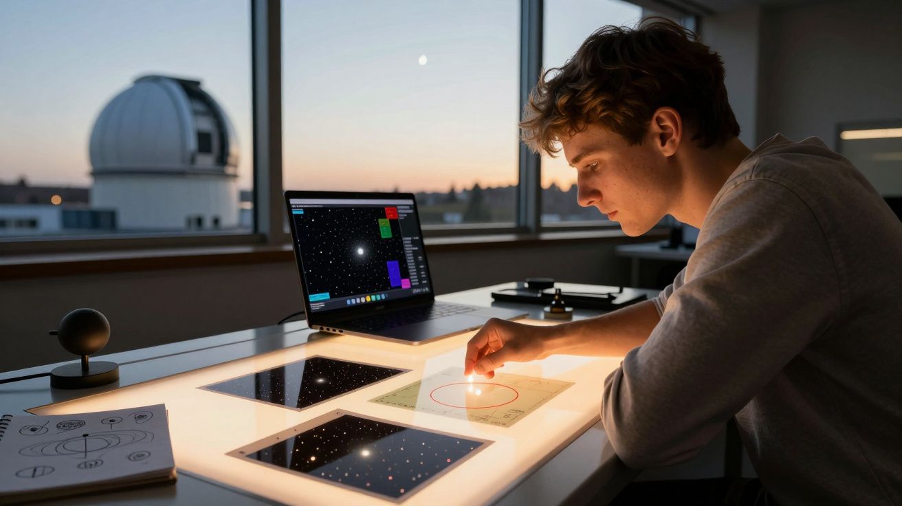 Jovem observa mapas estelares iluminados e dados astronómicos num laboratório com observatório ao fundo.