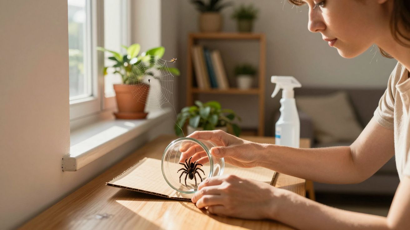 Pessoa a apanhar uma aranha com um copo transparente numa mesa de madeira junto à janela iluminada.