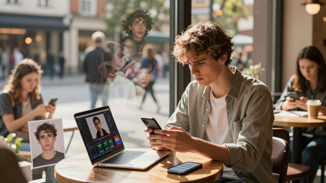 Jovem sentado numa cafeteria, a usar telemóvel com portátil aberto a editar uma fotografia na mesa.