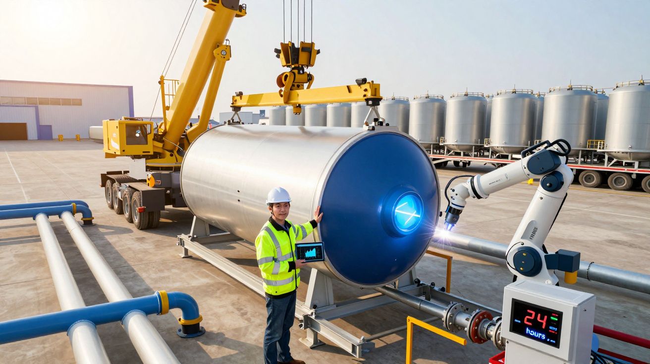 Operário com colete e capacete controla robô soldando grande tanque metálico numa fábrica ao ar livre.