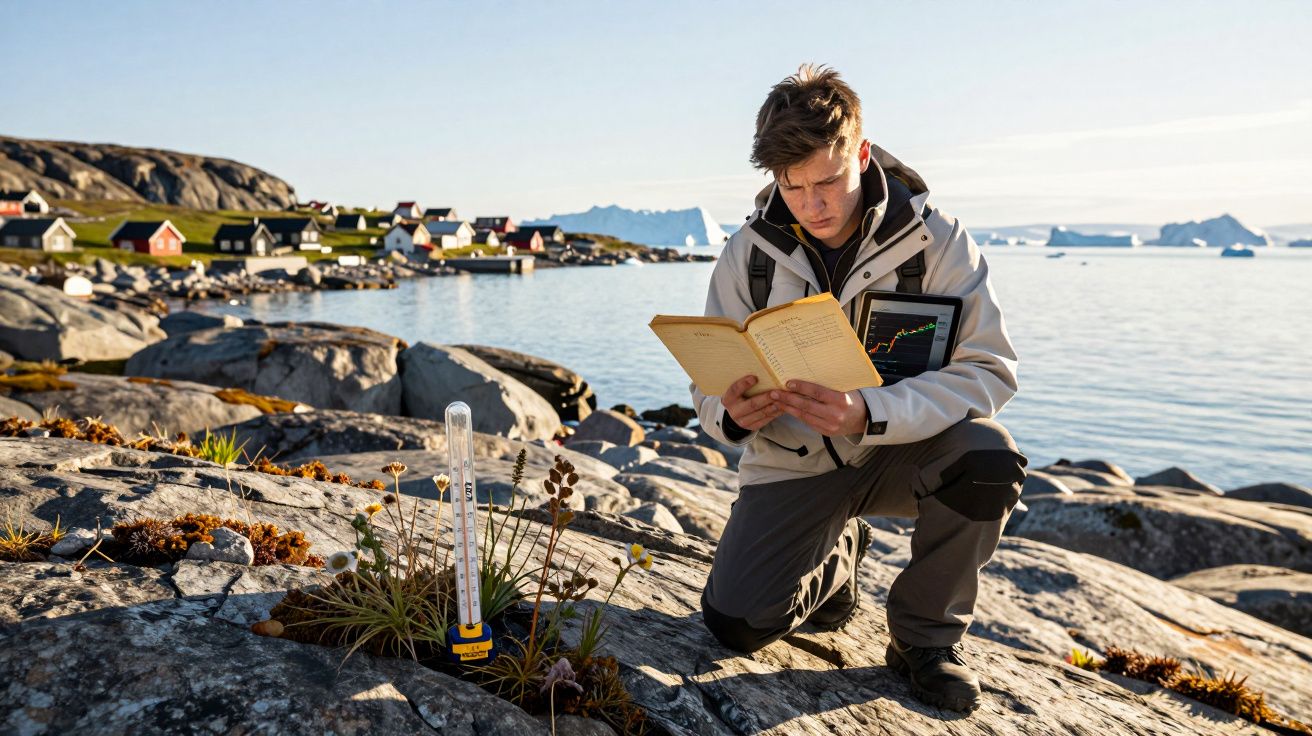 Homem com casaco claro lê livro usando tablet ao lado de termómetro, numa paisagem costeira rochosa com pequenas casas.