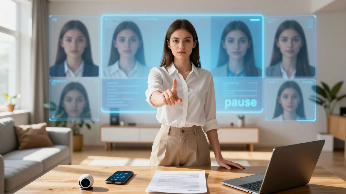 Mulher em escritório interage com interface digital projetada mostrando várias fotografias suas no ecrã.